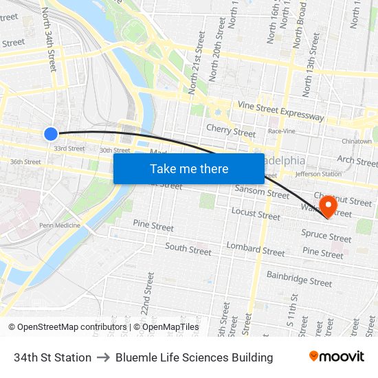 34th St Station to Bluemle Life Sciences Building map