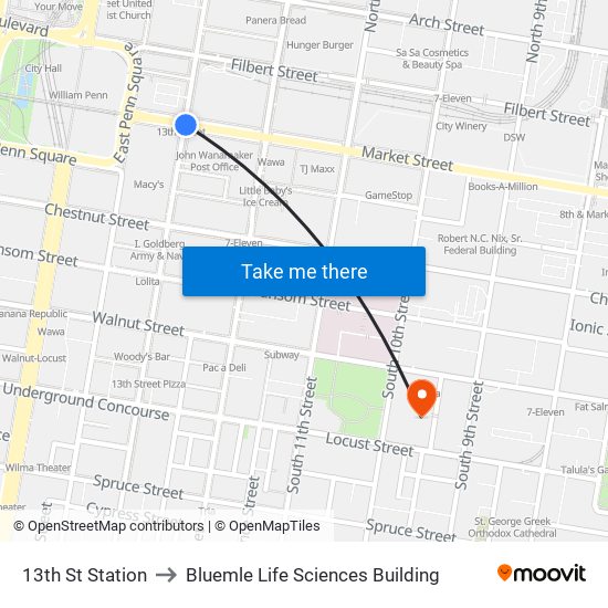 13th St Station to Bluemle Life Sciences Building map