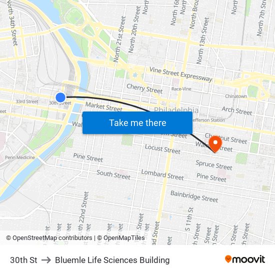 30th St to Bluemle Life Sciences Building map