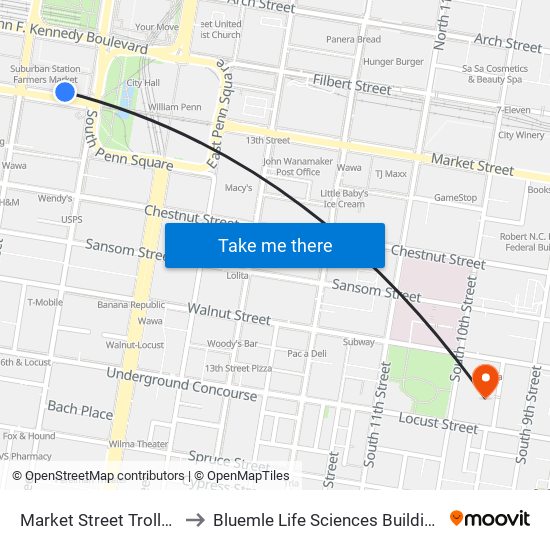 Market Street Trolley to Bluemle Life Sciences Building map