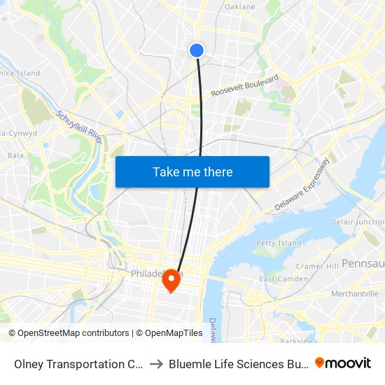 Olney Transportation Center to Bluemle Life Sciences Building map