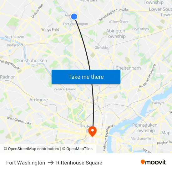 Fort Washington to Rittenhouse Square map