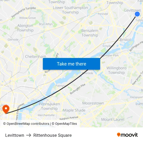 Levittown to Rittenhouse Square map
