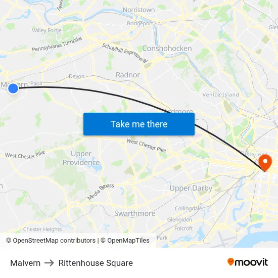 Malvern to Rittenhouse Square map