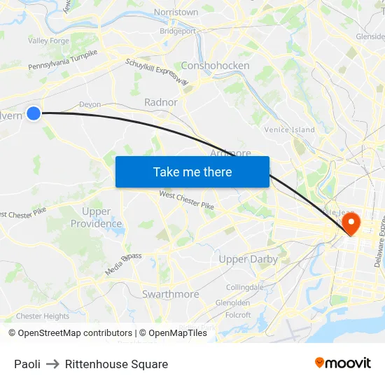 Paoli to Rittenhouse Square map