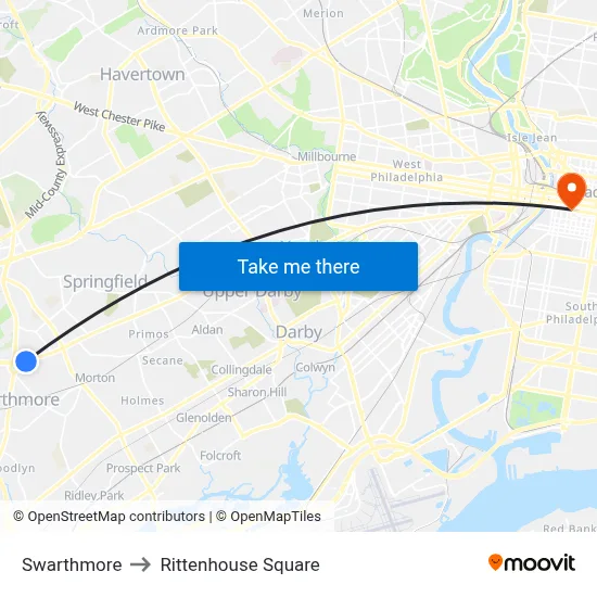 Swarthmore to Rittenhouse Square map