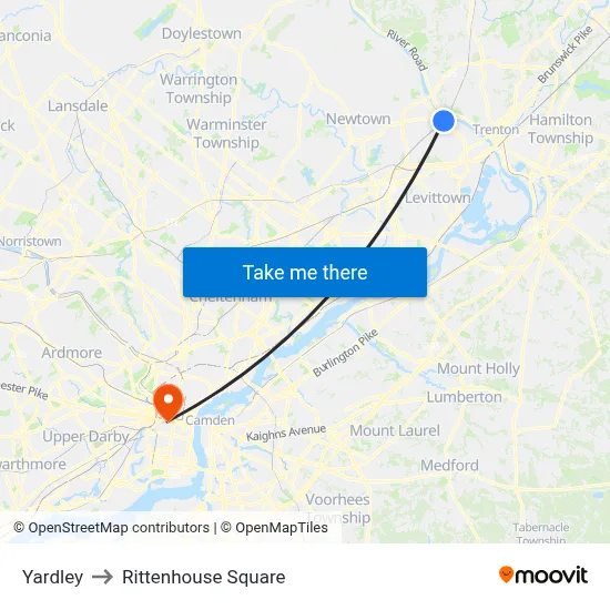 Yardley to Rittenhouse Square map
