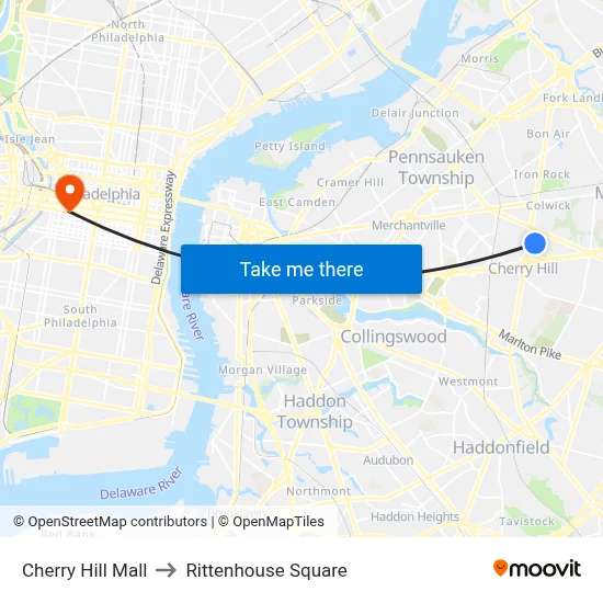 Cherry Hill Mall to Rittenhouse Square map