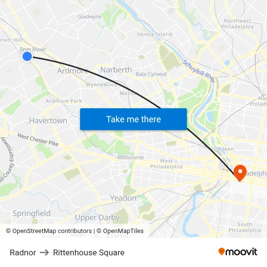 Radnor to Rittenhouse Square map