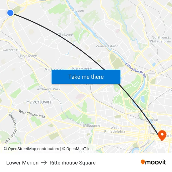 Lower Merion to Rittenhouse Square map