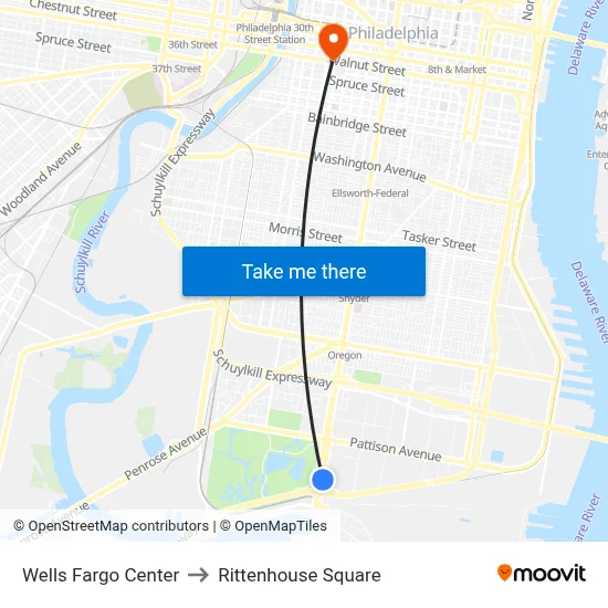 Wells Fargo Center to Rittenhouse Square map