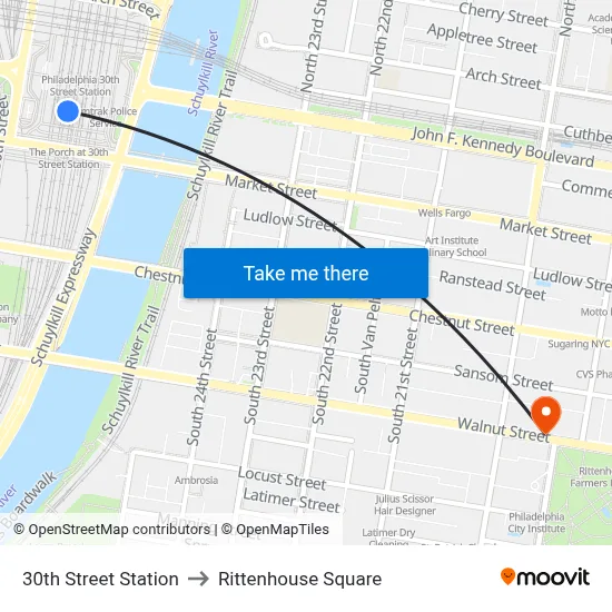 30th Street Station to Rittenhouse Square map