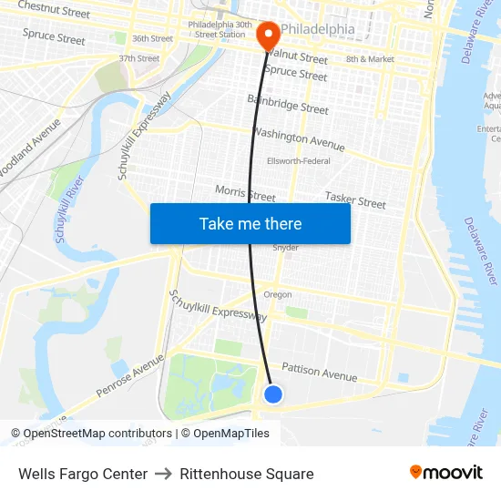 Wells Fargo Center to Rittenhouse Square map