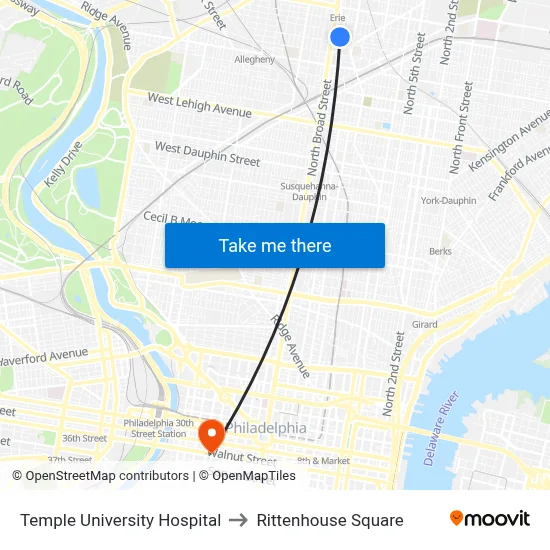 Temple University Hospital to Rittenhouse Square map