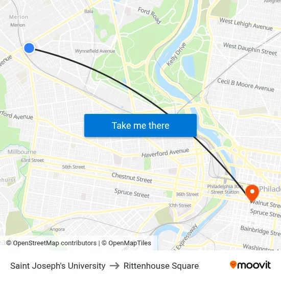 Saint Joseph's University to Rittenhouse Square map