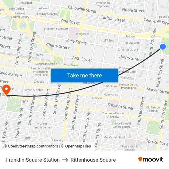 Franklin Square Station to Rittenhouse Square map