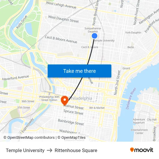 Temple University to Rittenhouse Square map