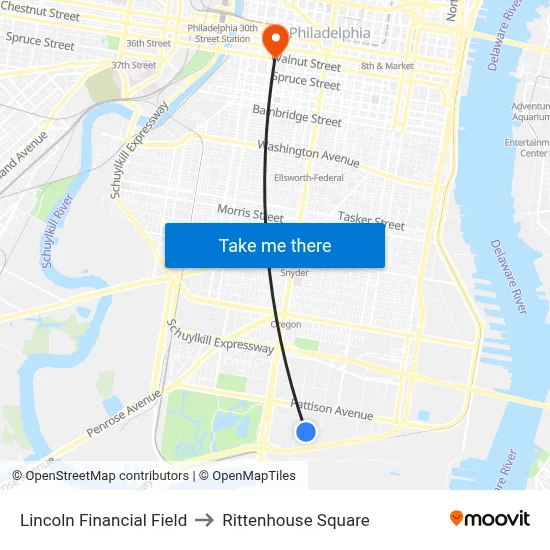 Lincoln Financial Field to Rittenhouse Square map