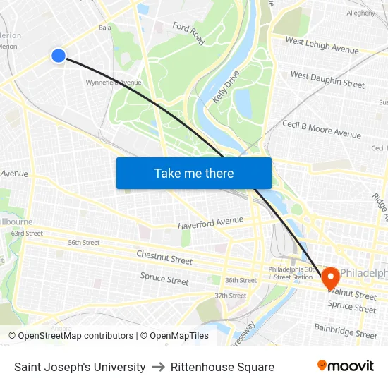 Saint Joseph's University to Rittenhouse Square map