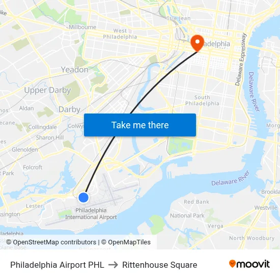 Philadelphia Airport PHL to Rittenhouse Square map