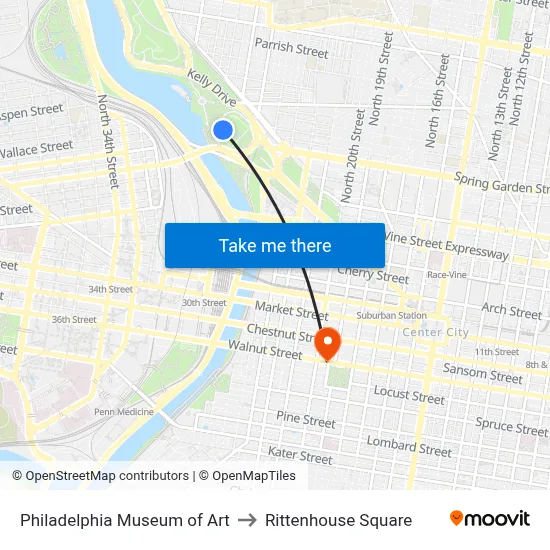 Philadelphia Museum of Art to Rittenhouse Square map