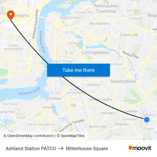 Ashland Station PATCO to Rittenhouse Square map