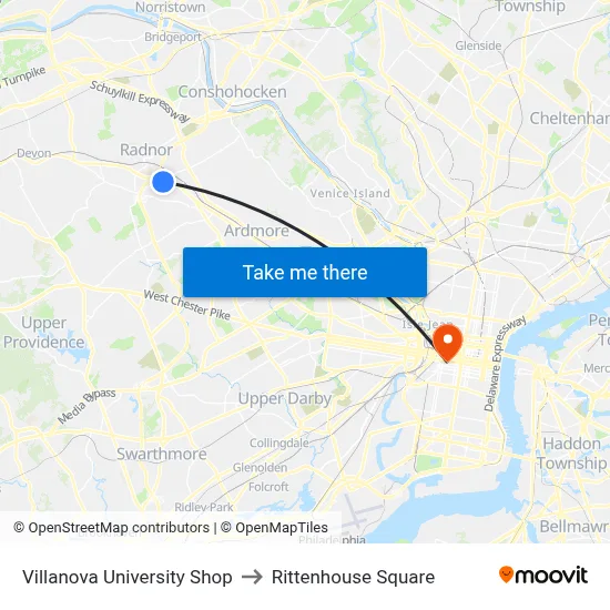 Villanova University Shop to Rittenhouse Square map