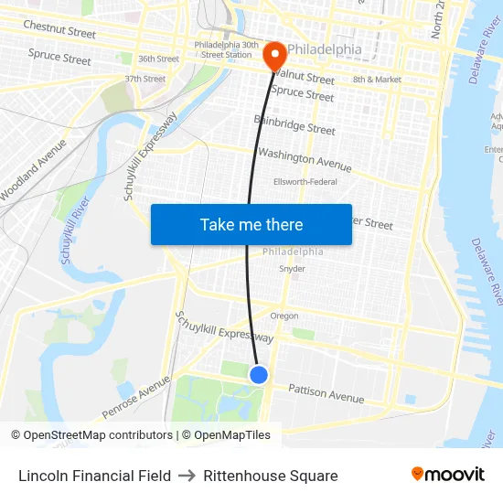 Lincoln Financial Field to Rittenhouse Square map