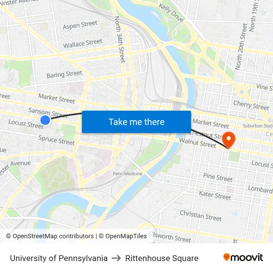 University of Pennsylvania, 4046 Walnut St to Rittenhouse Square map