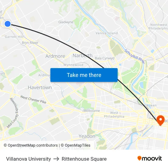 Villanova University, 299 N Spring Mill Rd to Rittenhouse Square map