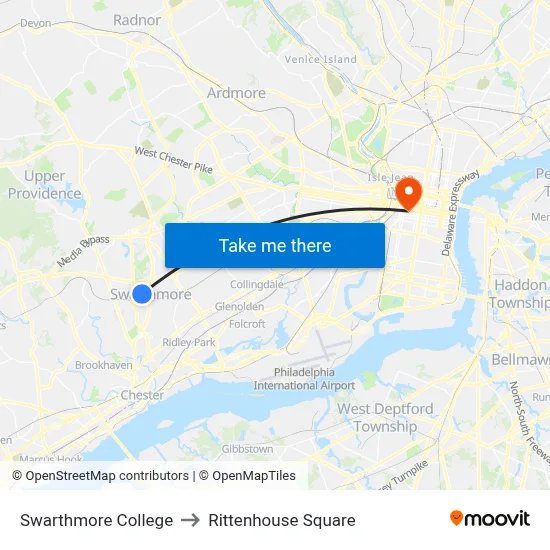 Swarthmore College to Rittenhouse Square map