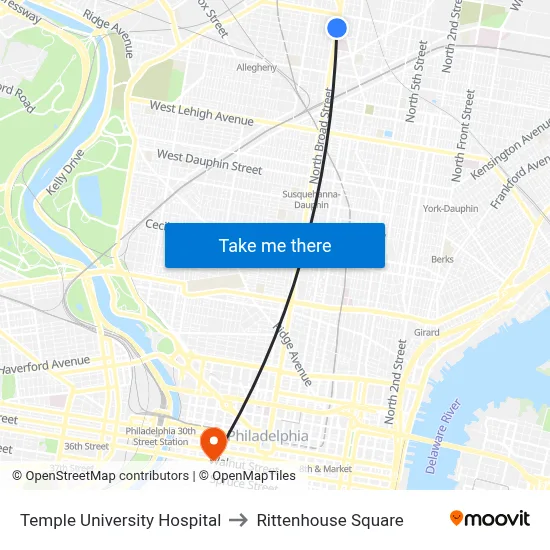 Temple University Hospital to Rittenhouse Square map