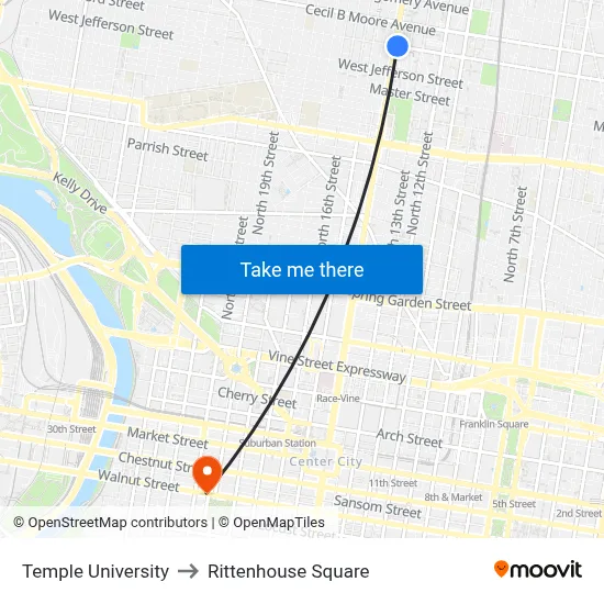 Temple University to Rittenhouse Square map