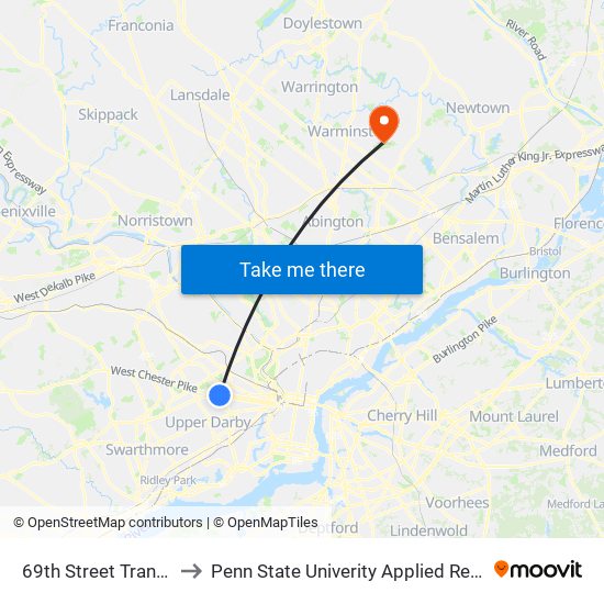 69th Street Transportation Center to Penn State Univerity Applied Research Lab Anechoic Chamber map