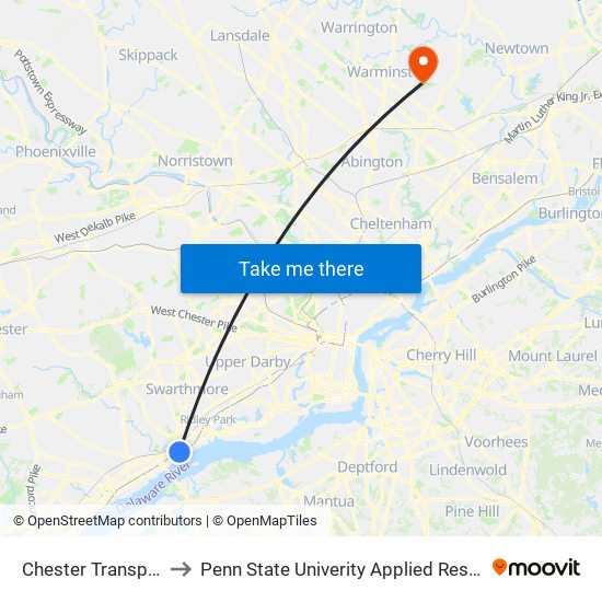 Chester Transportation Center to Penn State Univerity Applied Research Lab Anechoic Chamber map