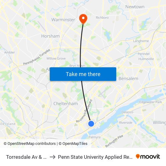 Torresdale Av & Cottman Av Loop to Penn State Univerity Applied Research Lab Anechoic Chamber map