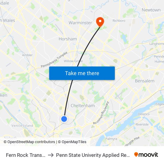 Fern Rock Transportation Center to Penn State Univerity Applied Research Lab Anechoic Chamber map