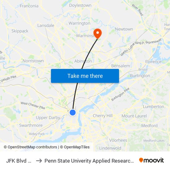 JFK Blvd & 15th St to Penn State Univerity Applied Research Lab Anechoic Chamber map