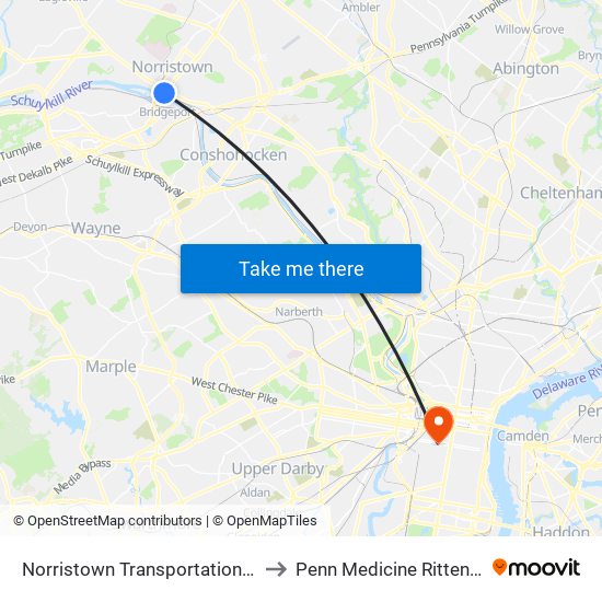 Norristown Transportation Center to Penn Medicine Rittenhouse map