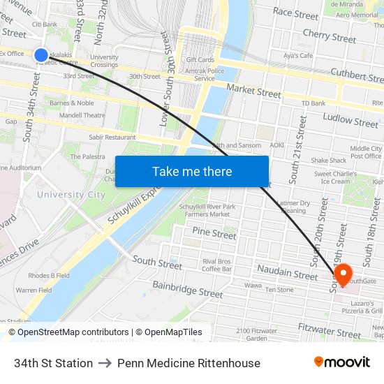 34th St Station to Penn Medicine Rittenhouse map