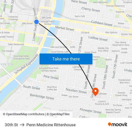 30th St to Penn Medicine Rittenhouse map