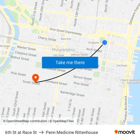 6th St at Race St to Penn Medicine Rittenhouse map