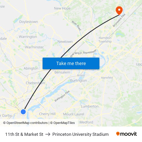 11th St & Market St to Princeton University Stadium map