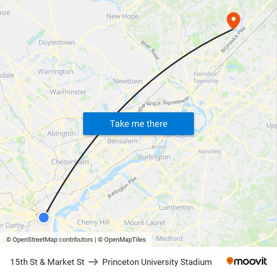 15th St & Market St to Princeton University Stadium map