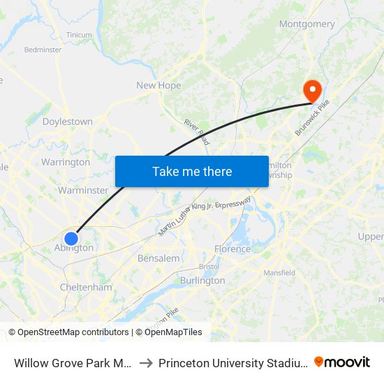 Willow Grove Park Mall to Princeton University Stadium map