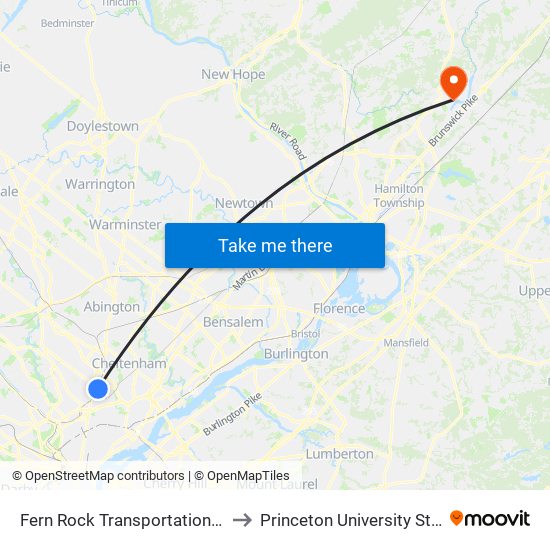 Fern Rock Transit Center to Princeton University Stadium map