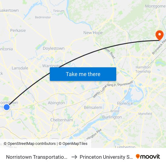 Norristown Transportation Center to Princeton University Stadium map