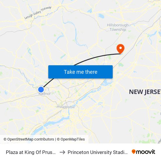 Plaza at King Of Prussia to Princeton University Stadium map
