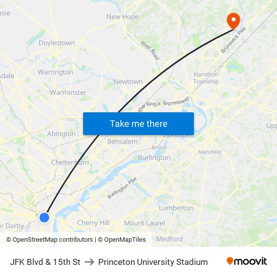 JFK Blvd & 15th St to Princeton University Stadium map