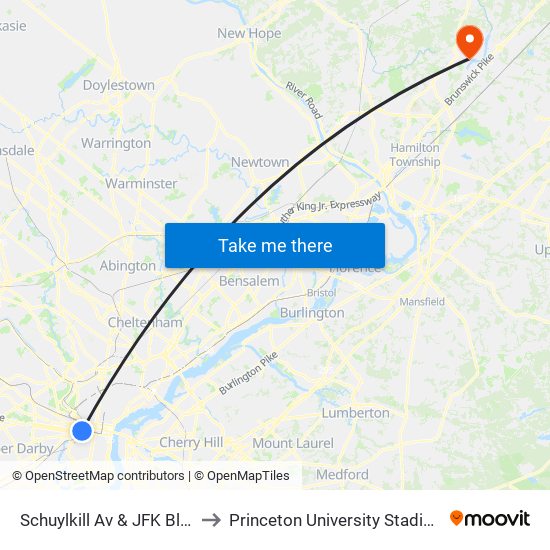 Schuylkill Av & JFK Blvd to Princeton University Stadium map